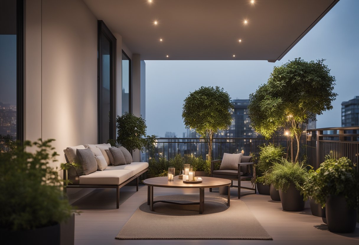A modern balcony with sleek furniture, soft lighting, and lush greenery creates a tranquil and inviting ambience