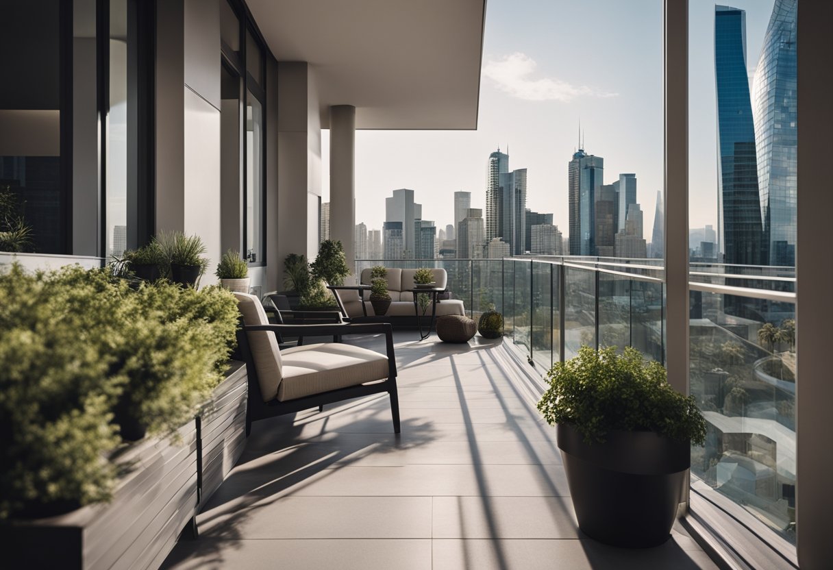 A modern balcony with sleek lines, glass railings, and potted plants. A cozy seating area with stylish furniture. City skyline in the background