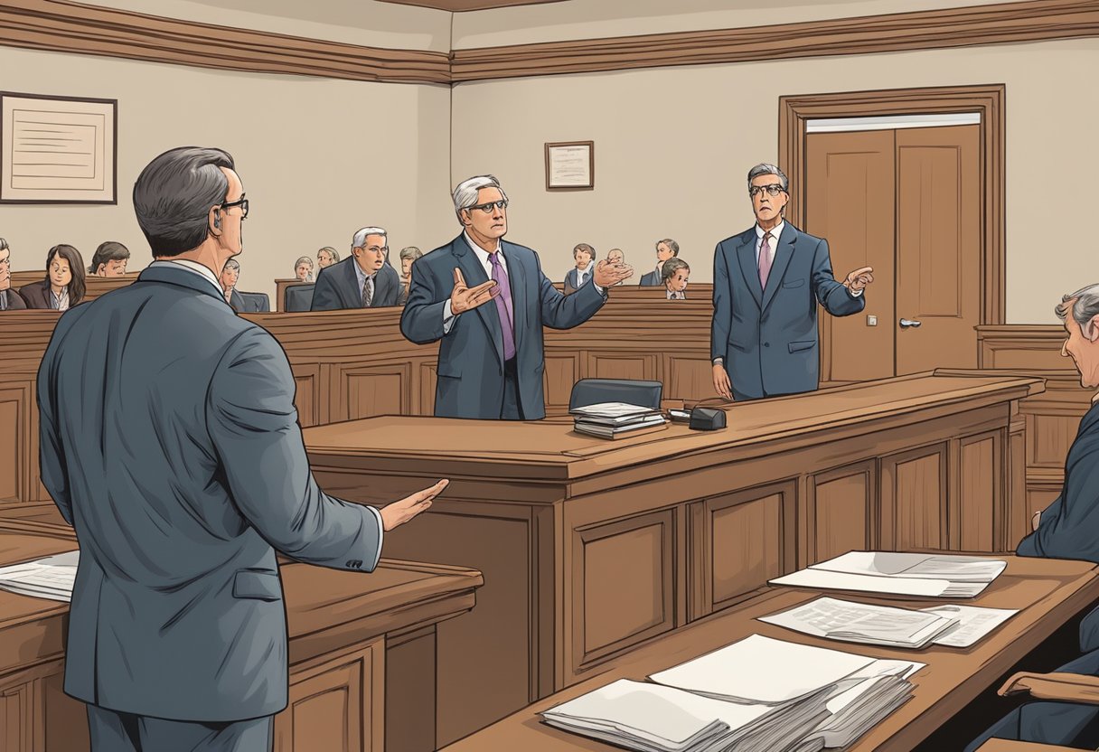 An attorney stands in a courtroom, arguing a case to defend a suspended or revoked driver's license. The judge and jury listen intently as the attorney presents evidence and makes persuasive arguments