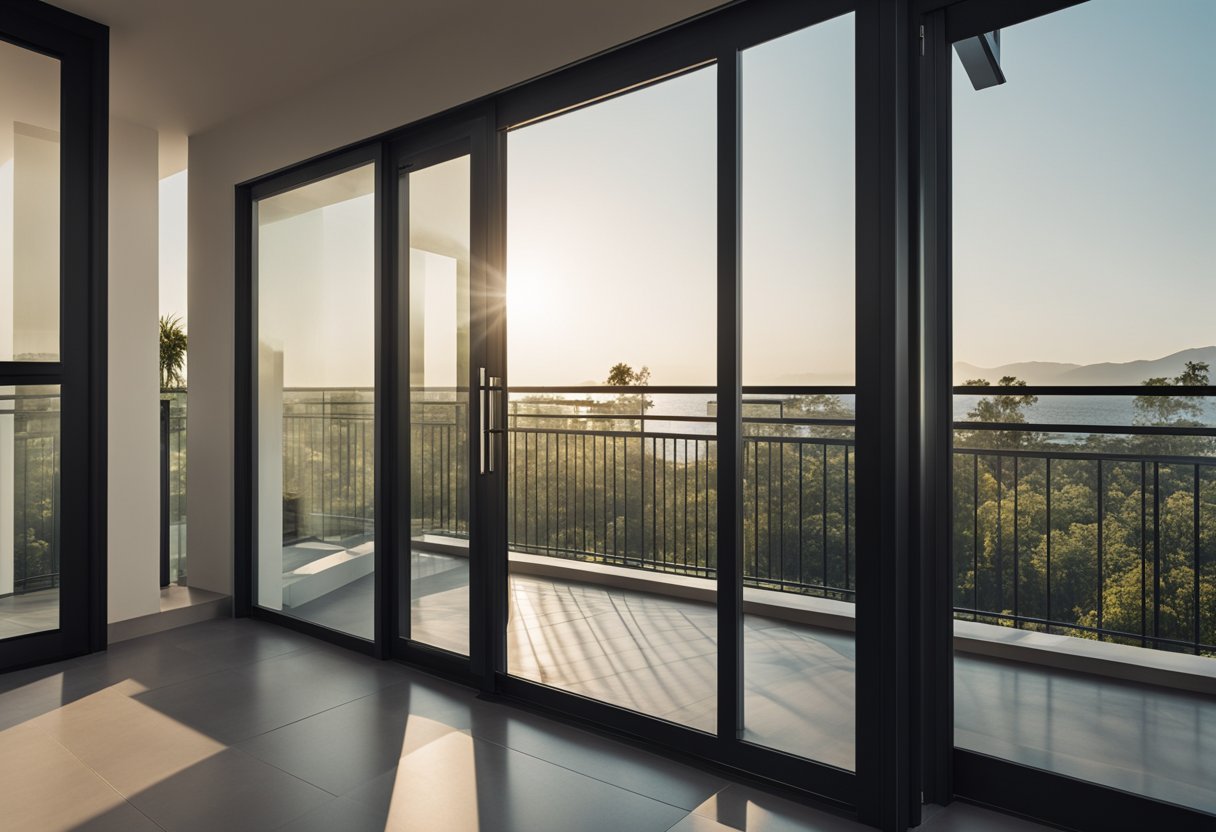 A sliding glass door opens onto a balcony, with a sleek and modern design. The door is framed with metal and allows for a clear view of the outdoor space
