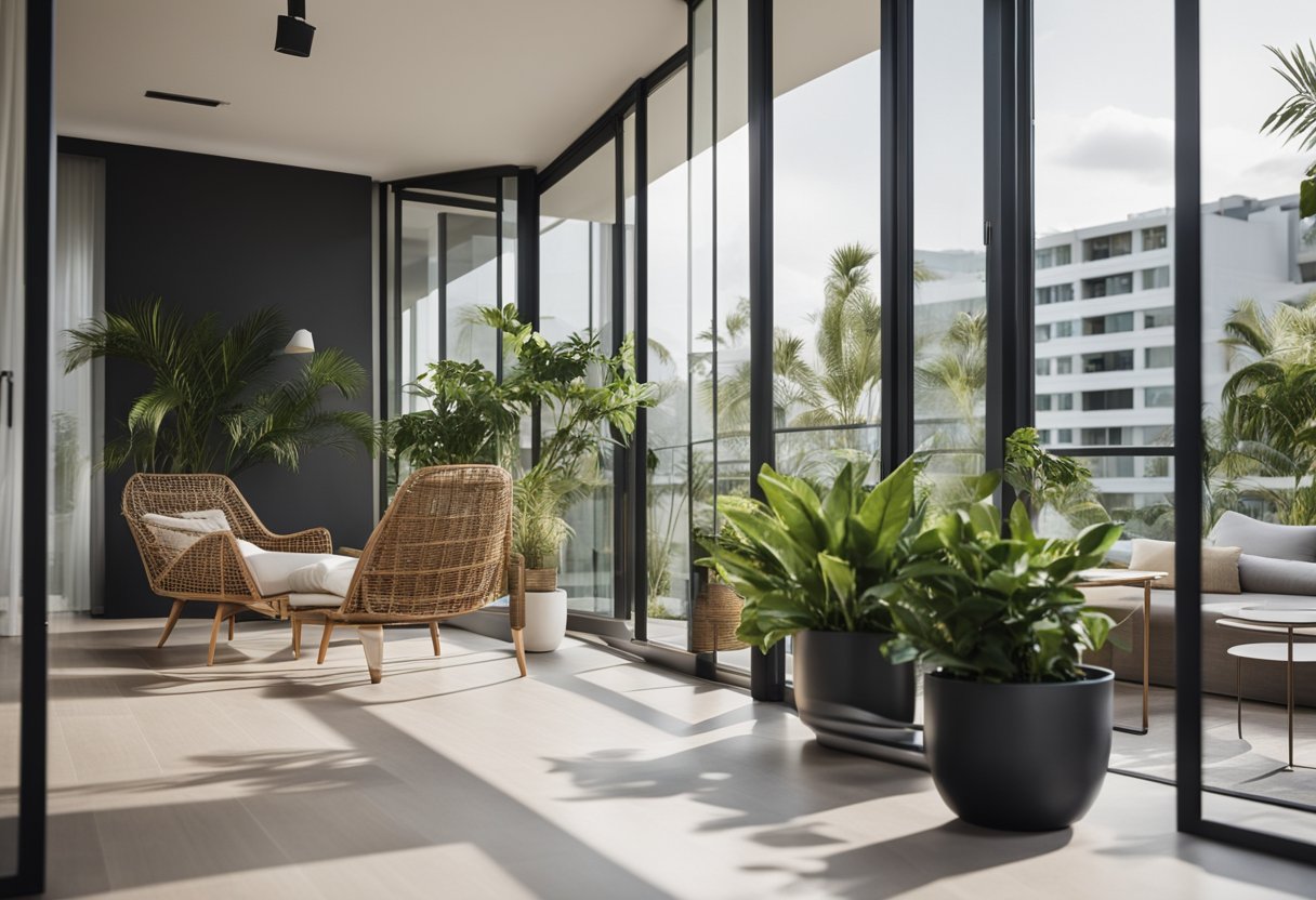 A sleek, modern sliding glass door opens onto a spacious balcony with potted plants and comfortable outdoor furniture