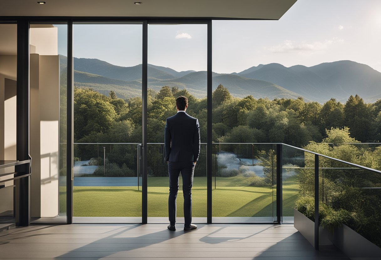 A person stands on a balcony, contemplating between two sliding door designs. One door features a sleek, modern design, while the other has a more traditional style. The balcony overlooks a serene garden or urban landscape