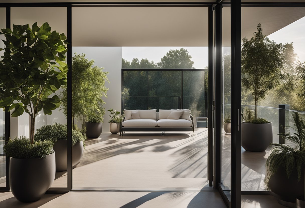 A modern sliding glass door opens onto a spacious balcony, with a sleek and minimalistic design. The door is framed by clean lines and surrounded by potted plants, creating a tranquil and inviting outdoor space