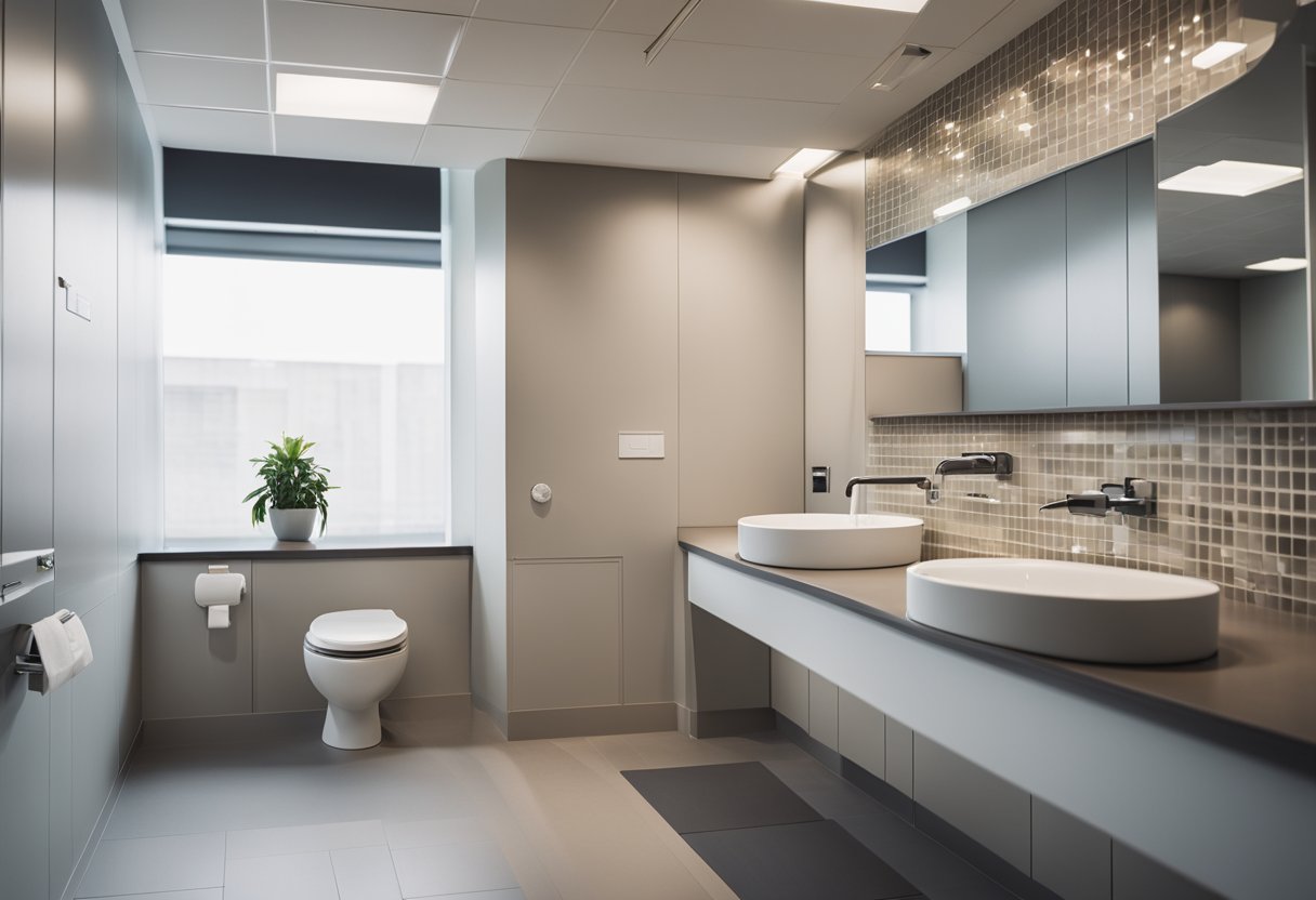 A spacious, modern restroom with a sign reading "Gender Neutral Toilet." The room features a clean, minimalist design with sleek fixtures and a neutral color scheme