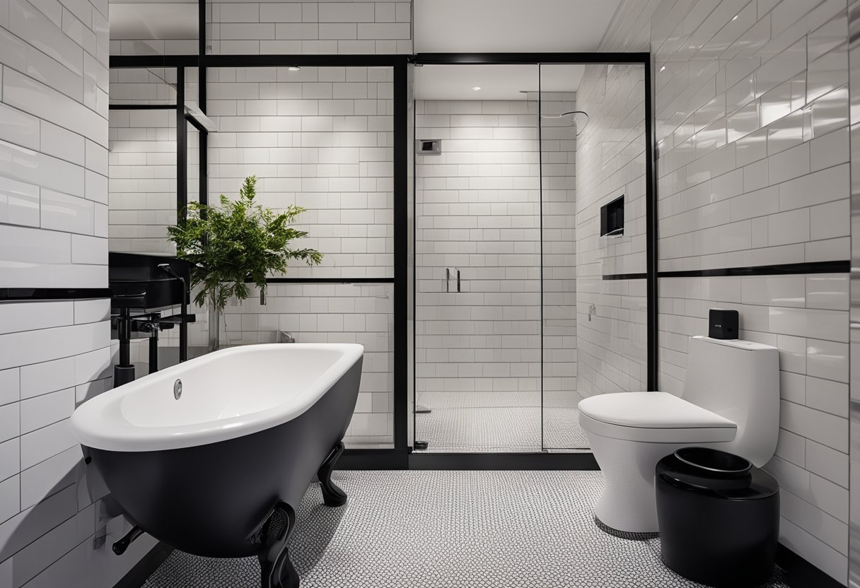 A sleek, modern black toilet stands against a backdrop of white subway tiles and chrome fixtures in a newly renovated bathroom