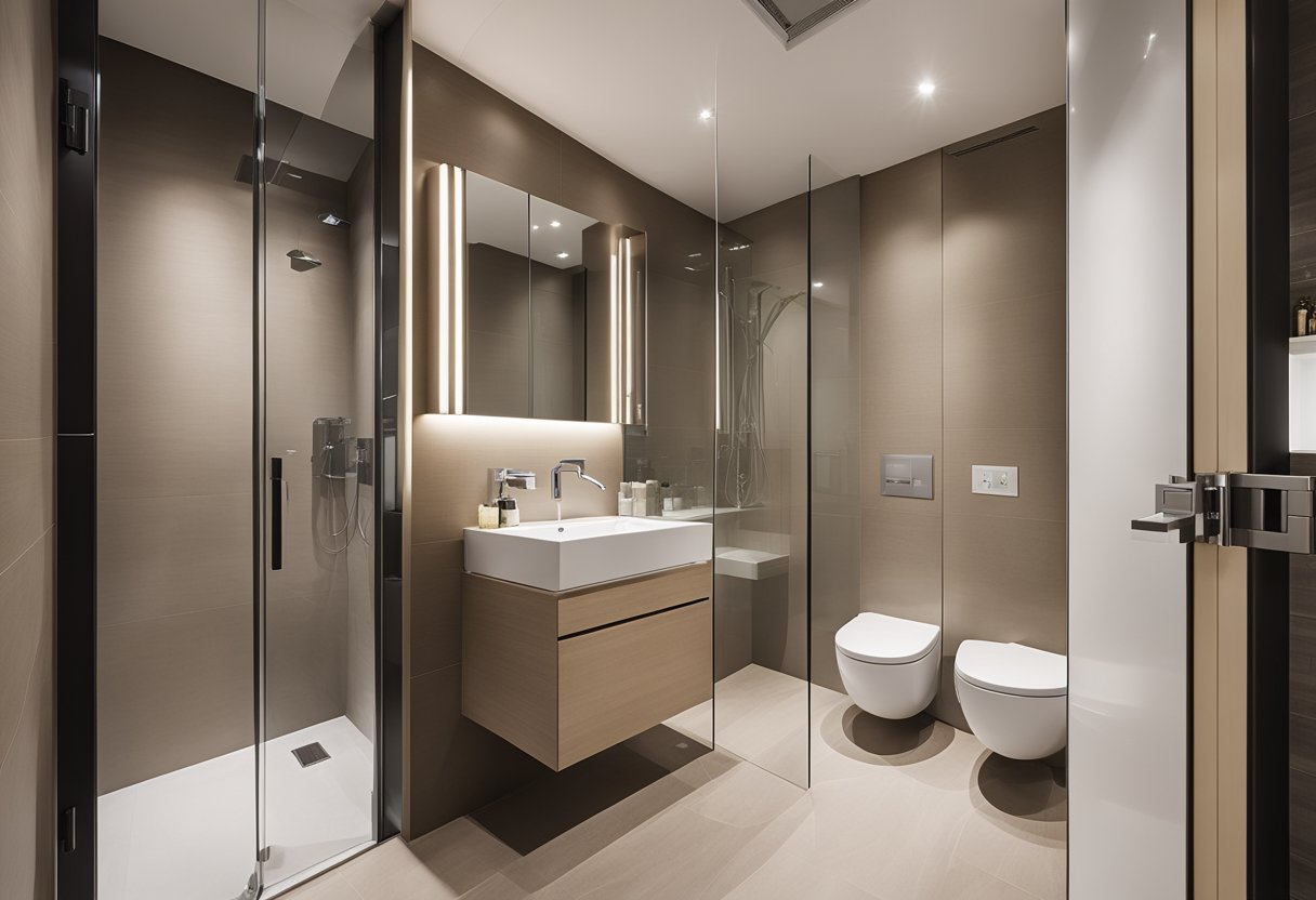 A 2 room BTO toilet with modern fixtures, spacious shower area, and sleek storage solutions. Bright lighting and neutral color scheme create a clean, inviting atmosphere