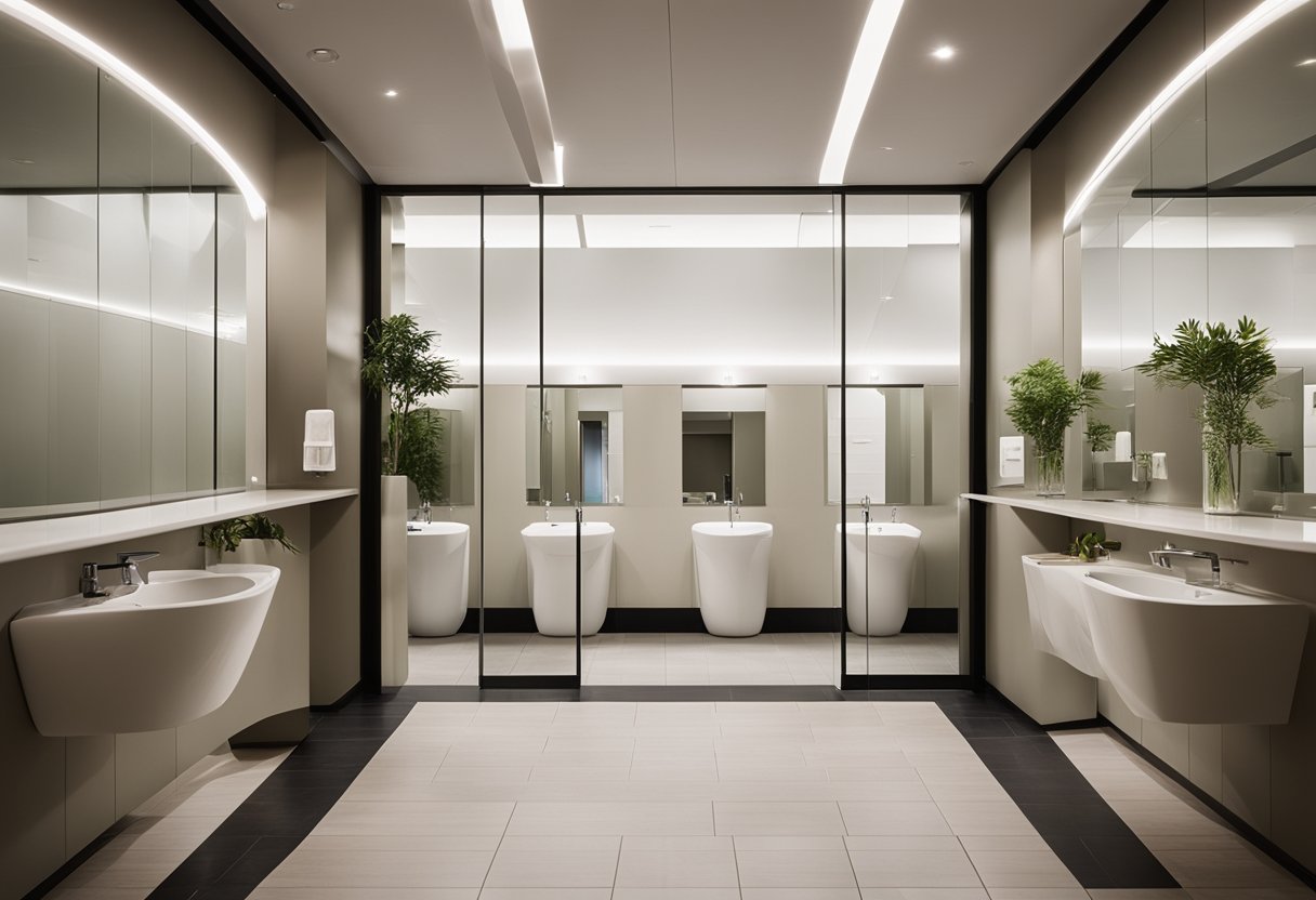 A spacious, well-lit restroom with unisex signage, non-gendered facilities, and inclusive design elements