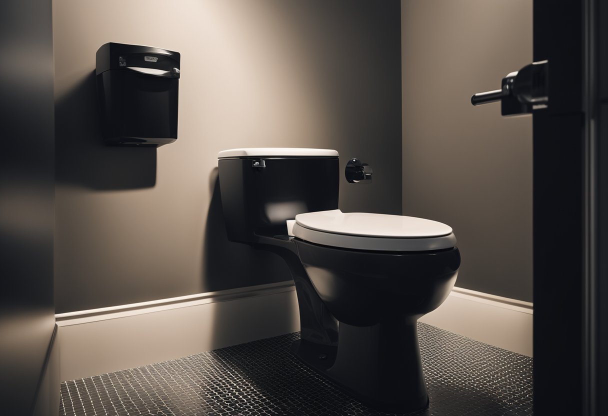 A sleek black toilet surrounded by question marks, with a spotlight shining down on it