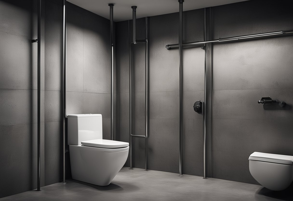 A sleek, minimalist toilet with exposed pipes and metal accents. Concrete walls and flooring add to the industrial aesthetic