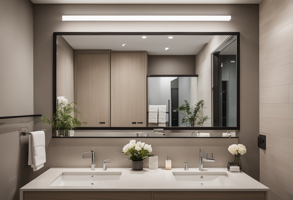 A modern, spacious bathroom with sleek fixtures and a neutral color palette. Large mirror, ample storage, and a clean, minimalist design