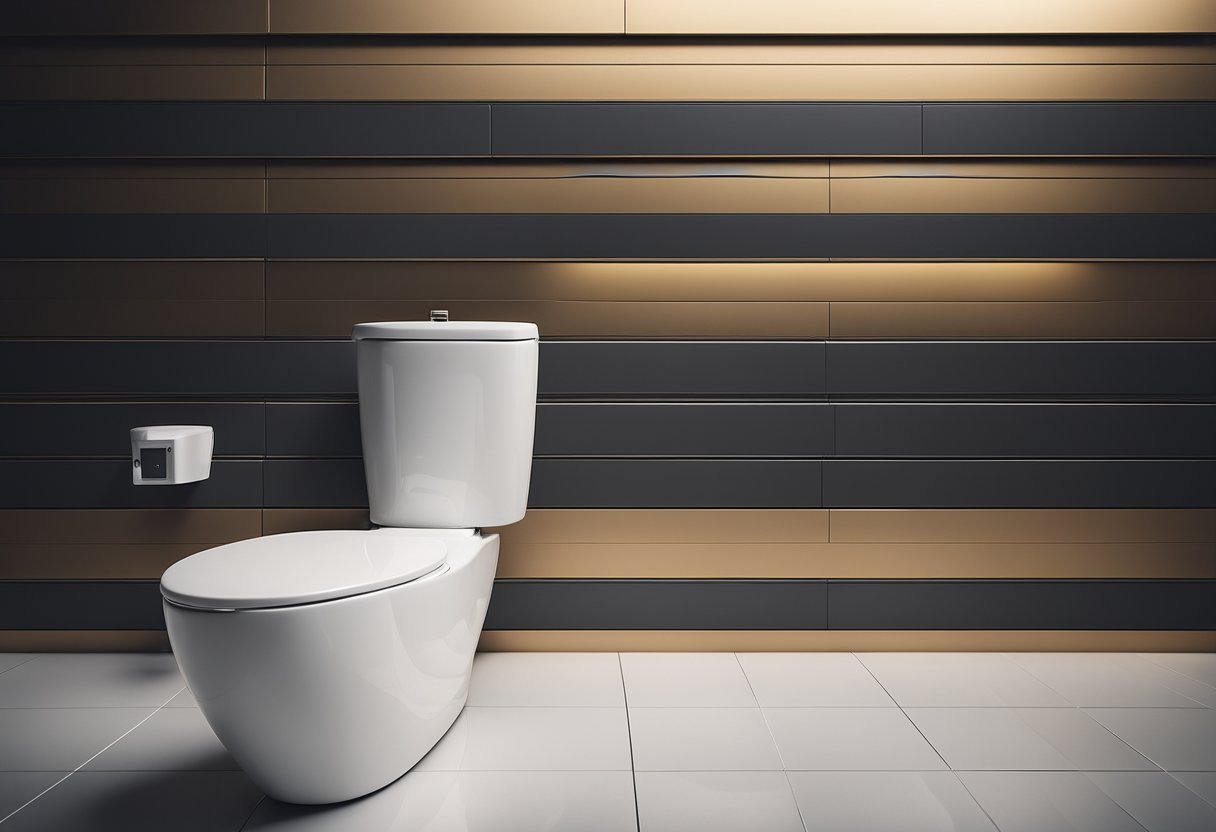 A sleek, modern toilet with clean lines and user-friendly features, surrounded by a minimalist, industrial-inspired environment