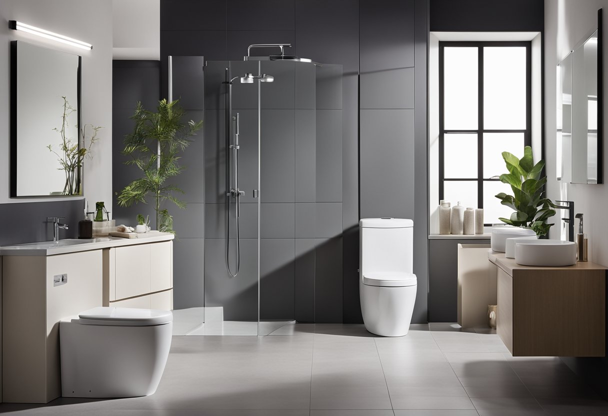 A modern toilet and bathroom with sleek fixtures, clean lines, and a minimalist color palette. The toilet is a wall-mounted, and the bathroom includes a spacious shower with a glass enclosure