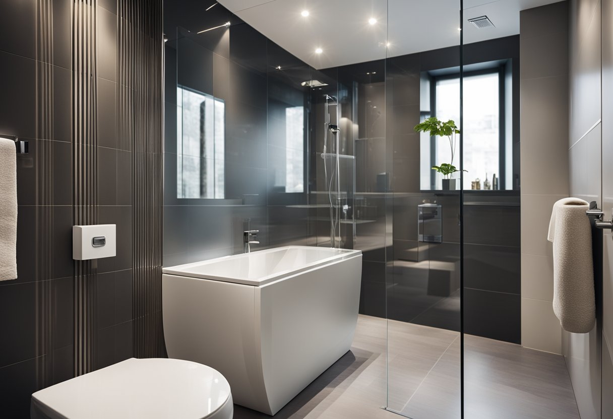 A modern toilet with a glass shower screen, sleek design, and contemporary fixtures