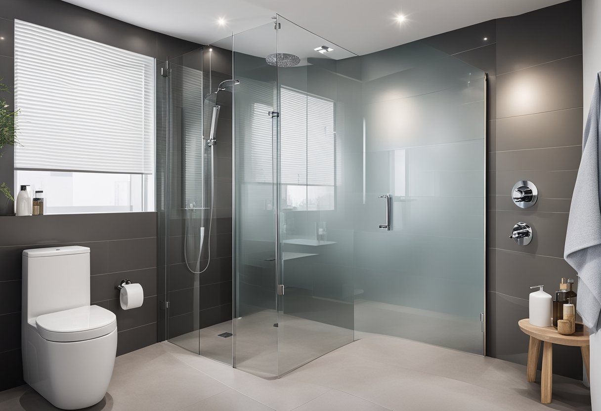 A modern, sleek toilet shower screen with frosted glass, chrome accents, and a minimalist design