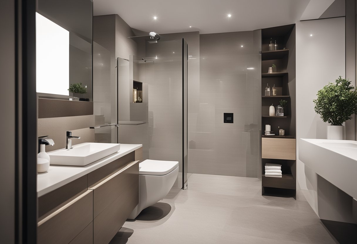 A sleek, modern toilet and bathroom layout with clean lines, minimalistic fixtures, and a neutral color palette