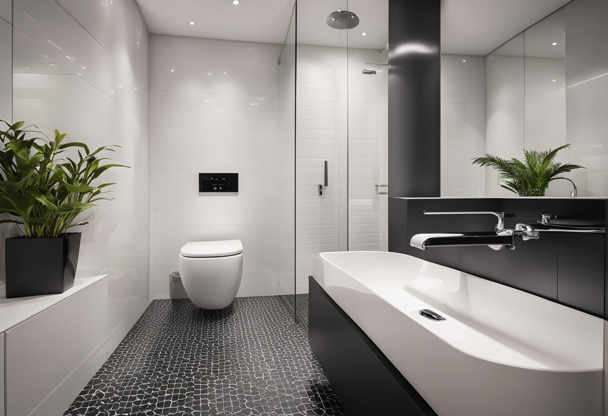 The bathroom features a sleek, modern toilet with chrome fixtures and a minimalist design. Accessories include a geometric patterned rug, a potted plant, and a set of matching towels