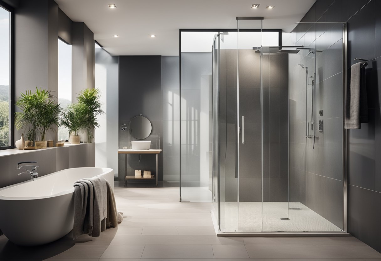 A modern bathroom with a sleek, transparent shower screen featuring "Frequently Asked Questions" design