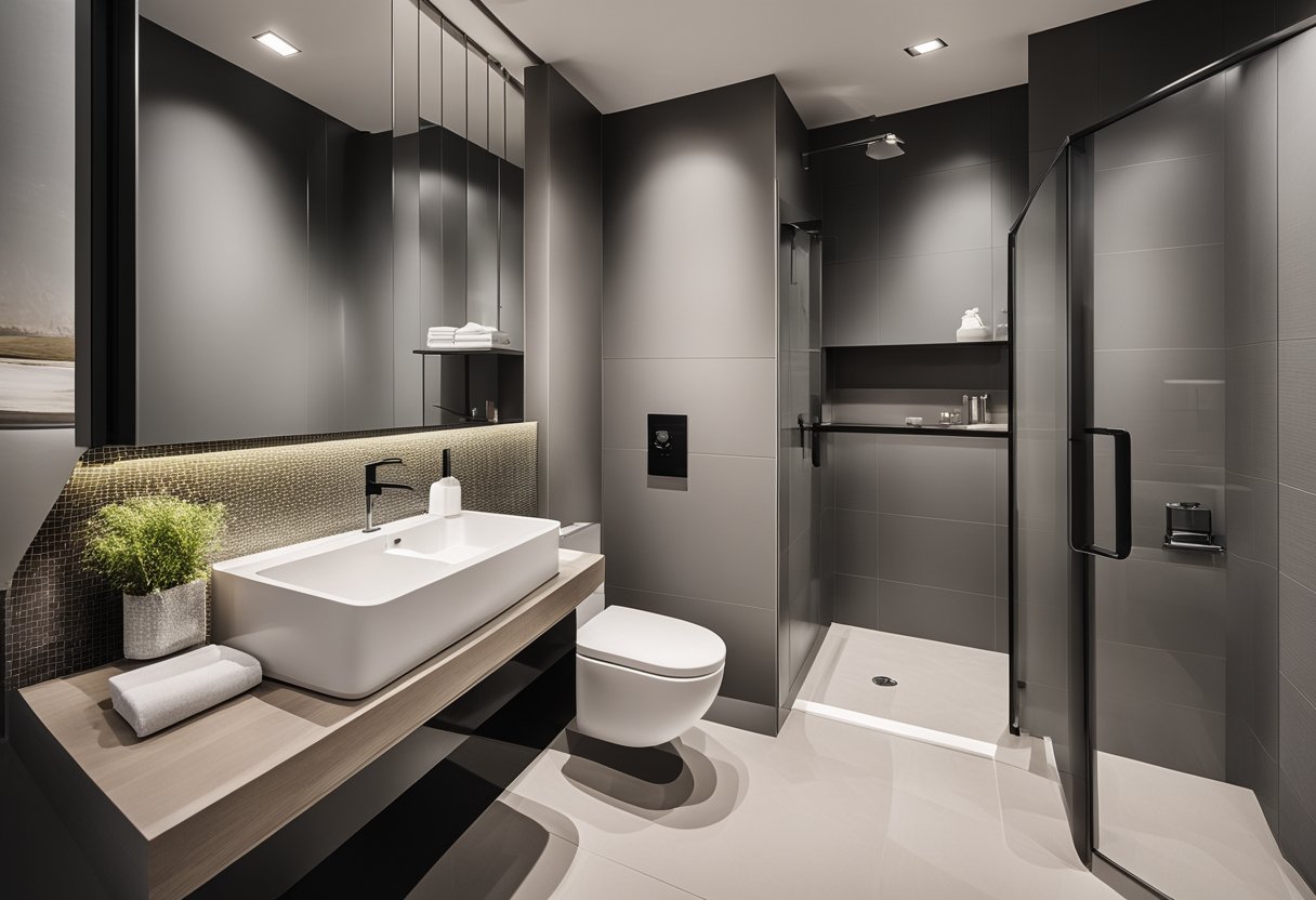 A modern toilet and bathroom with clean lines, sleek fixtures, and ample storage space