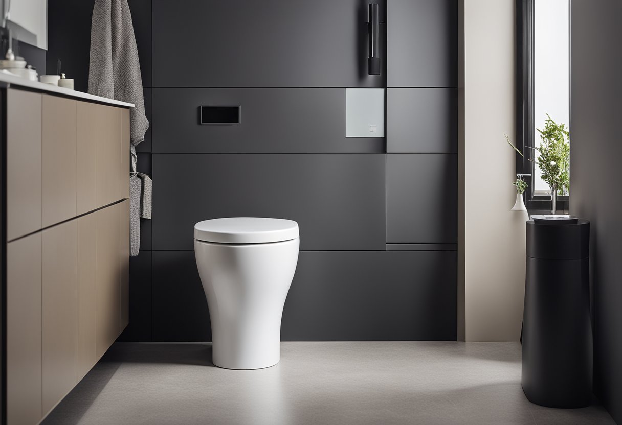A compact toilet with sleek lines and minimalistic details, set against a backdrop of neutral colors and modern fixtures