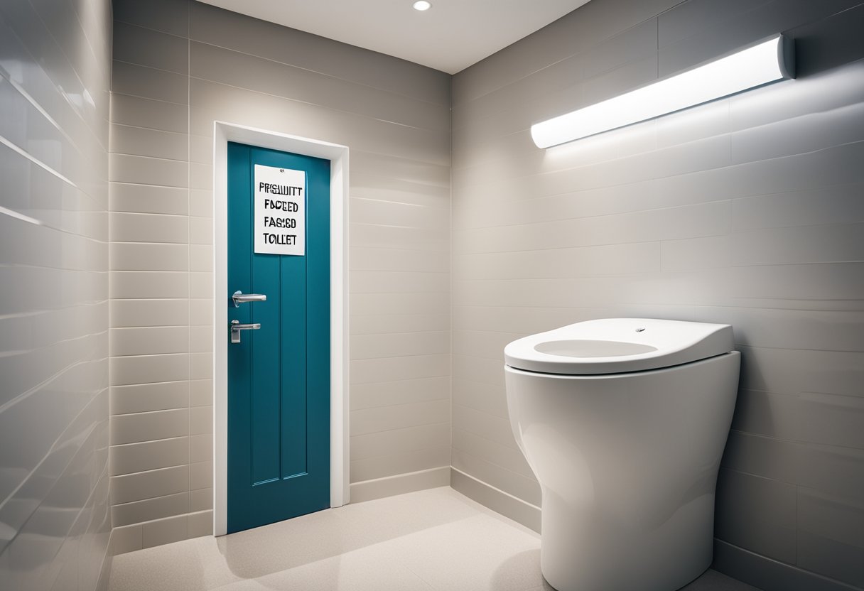 A tiny toilet with a sign "Frequently Asked Questions" above it. Walls are plain. Light shines from above