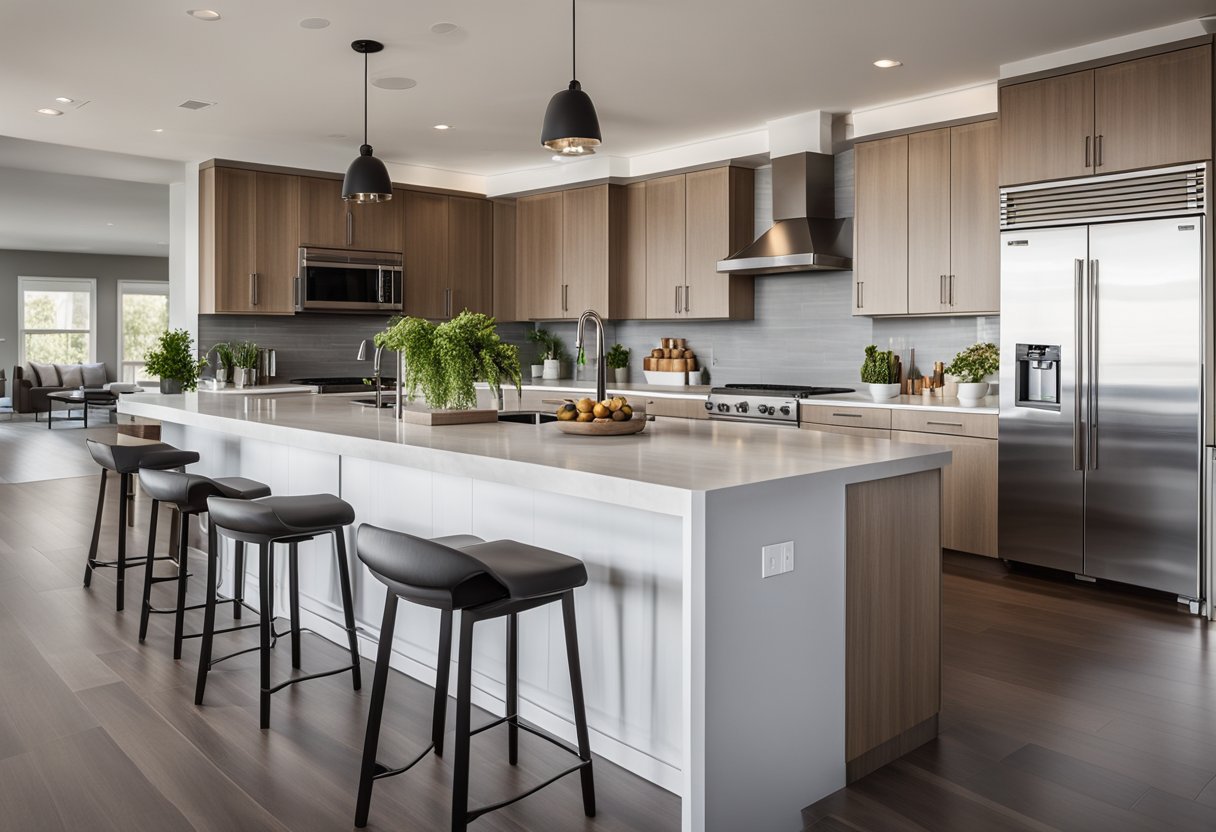 A spacious, modern kitchen with sleek countertops, stainless steel appliances, and a large island with bar stools. Natural light floods in through the windows, illuminating the clean, minimalist design