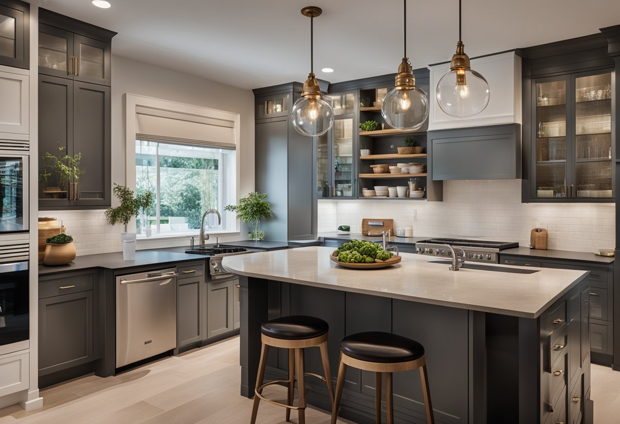 A kitchen with a spacious island, ample storage, and modern appliances arranged in a functional and aesthetically pleasing layout