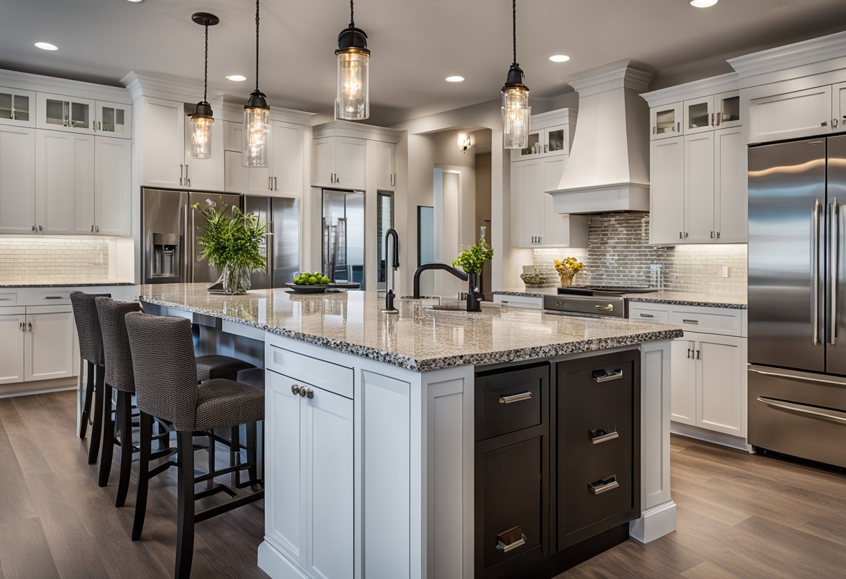 A 10x10 kitchen with white cabinets, granite countertops, stainless steel appliances, and a center island with pendant lighting
