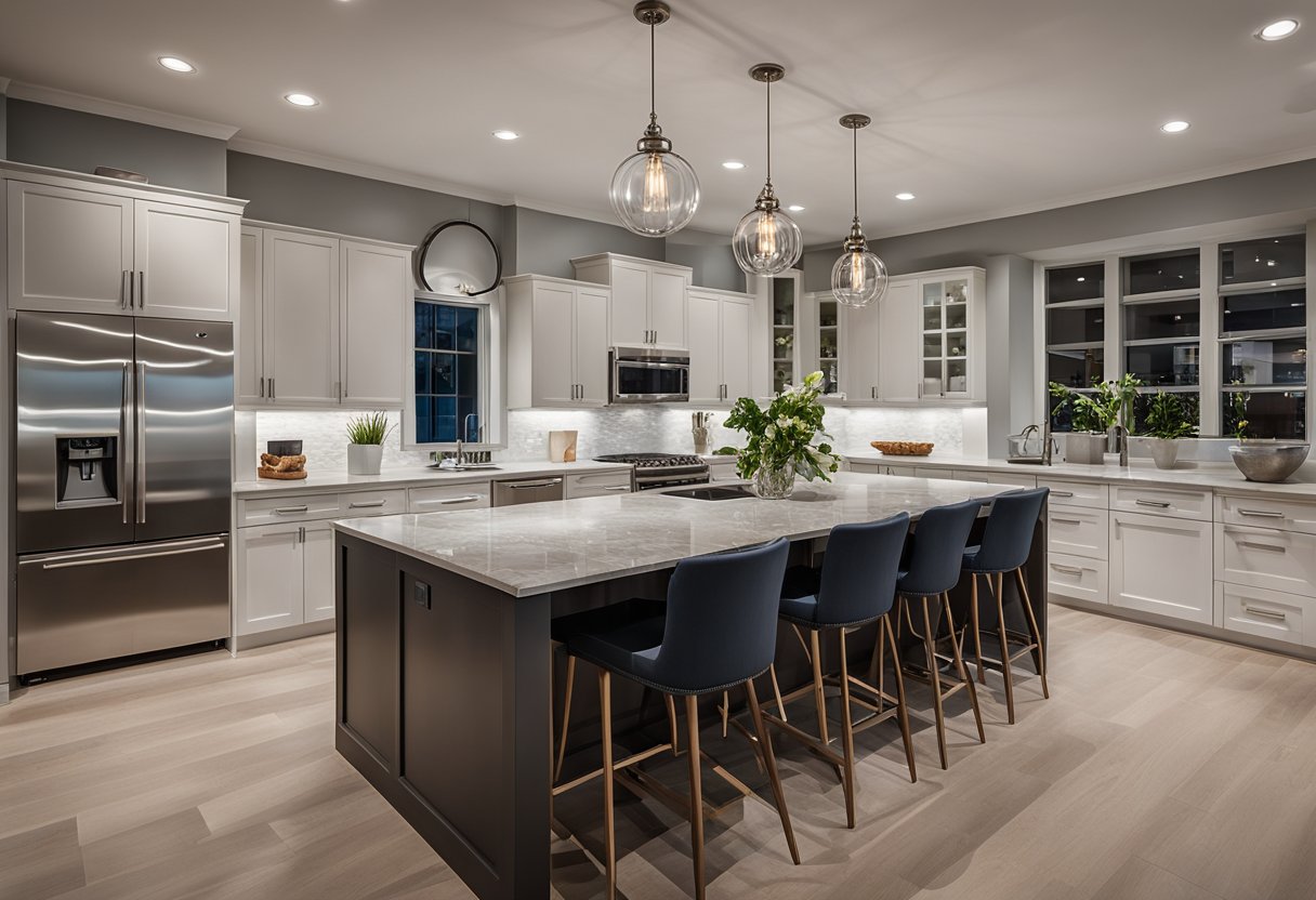 A modern kitchen with sleek cabinets, marble countertops, and stainless steel appliances. A large island with bar seating and pendant lighting completes the design