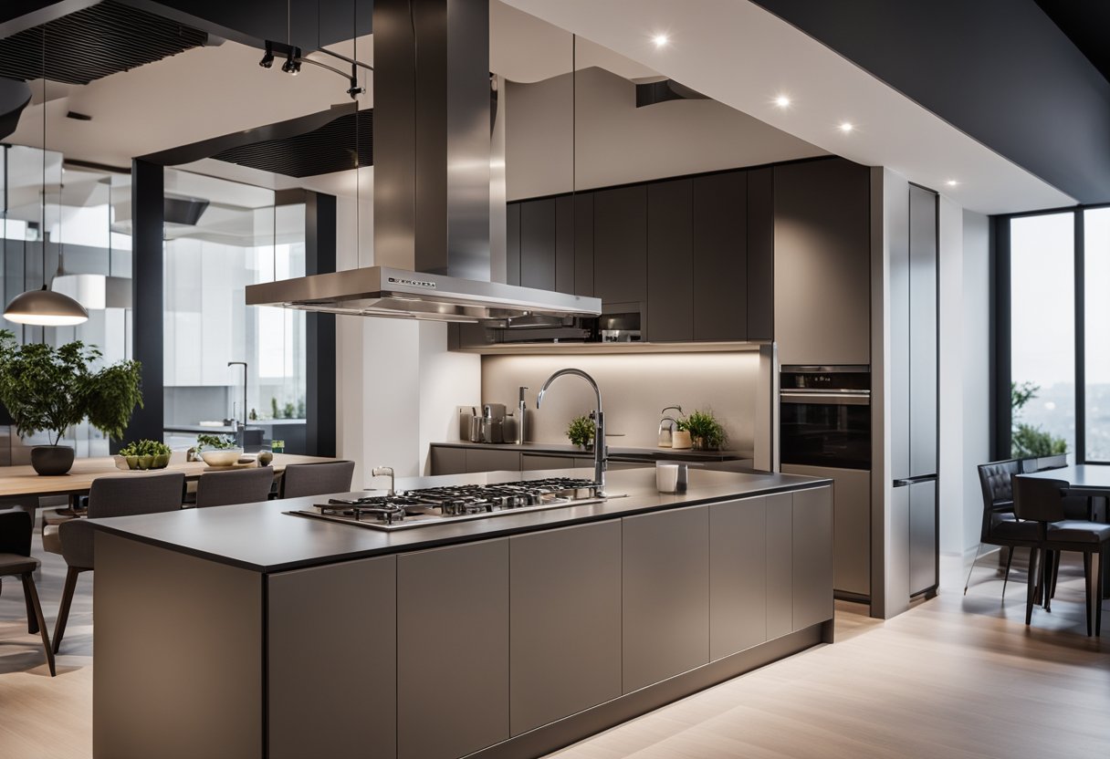 The open kitchen features a sleek, modern arch design, with clean lines and a spacious layout. The arch frames the cooking area, creating a sense of openness and flow within the space