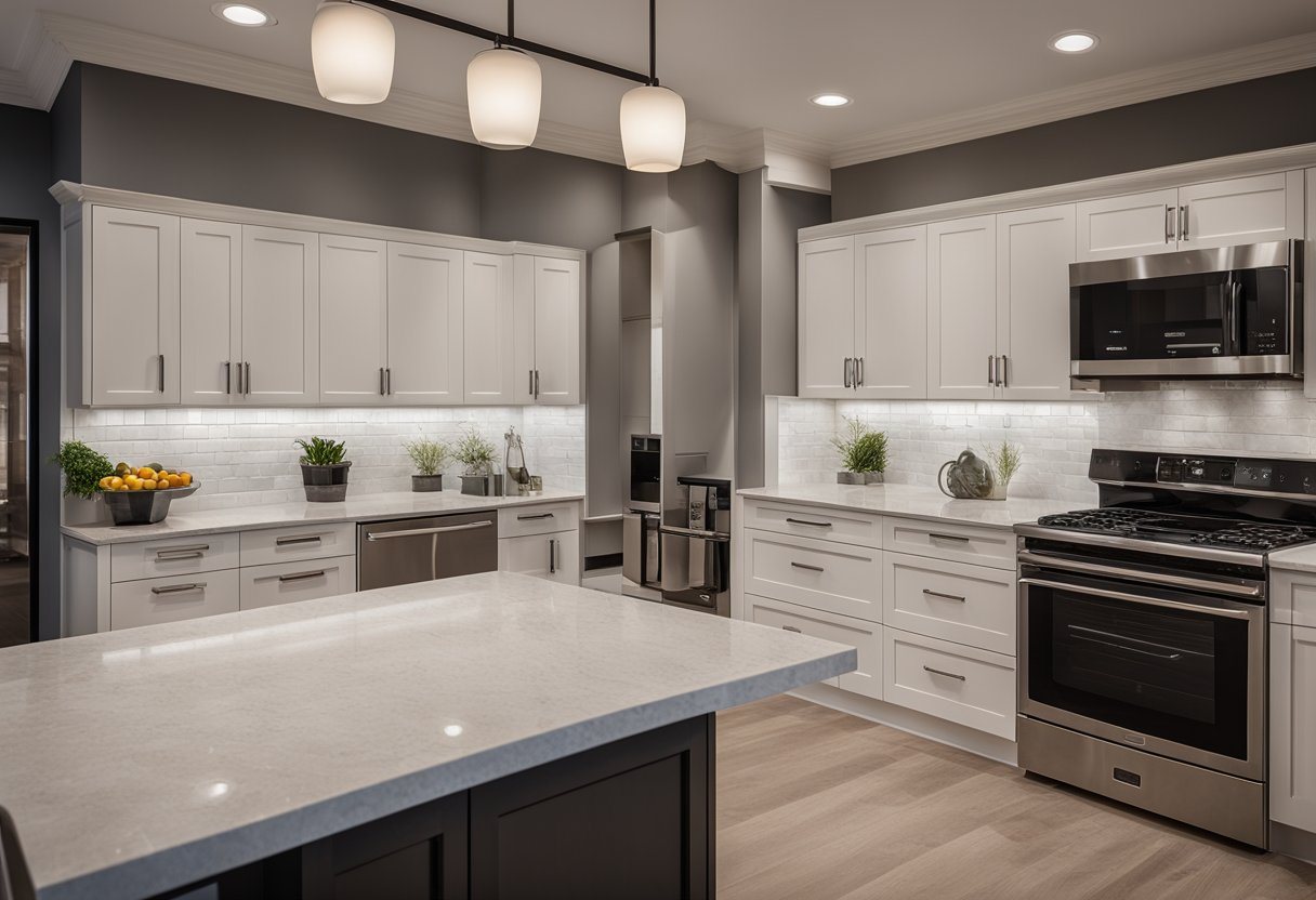 A kitchen with various customizable options and layouts displayed on a digital screen. Cabinets, countertops, and appliances are shown in a modern and sleek design