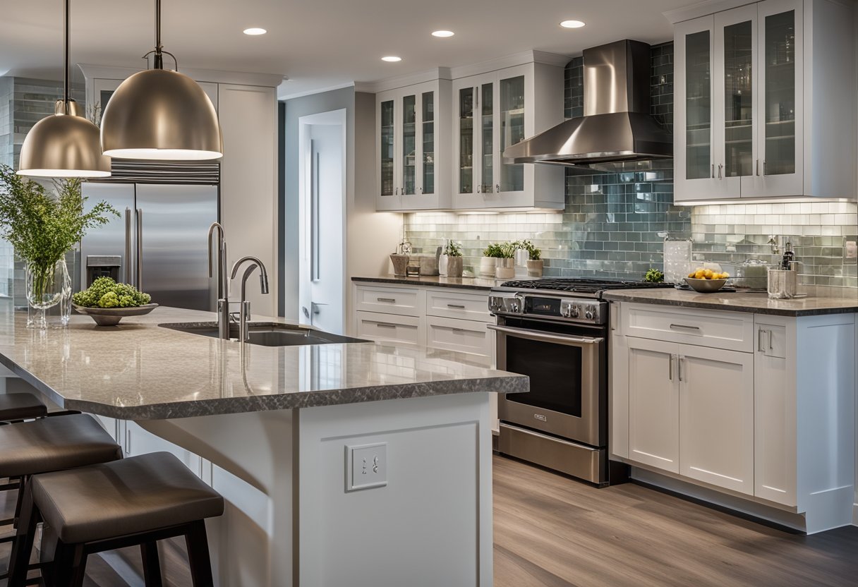A sleek, open-concept kitchen with stainless steel appliances, quartz countertops, and a large island with seating. Glass tile backsplash and recessed lighting add a modern touch