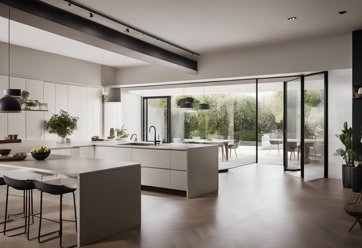 A spacious open kitchen with a sleek, curved arch design leading into the dining area. The arch is modern and minimalist, with clean lines and a seamless transition between the kitchen and dining space