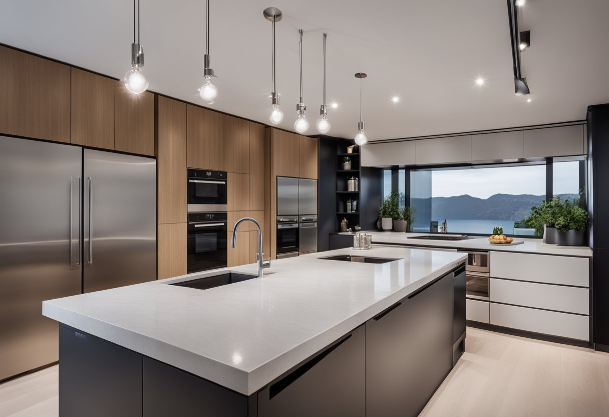 A sleek, minimalist kitchen with clean lines, integrated appliances, and ample storage. A large central island with a waterfall countertop and pendant lighting