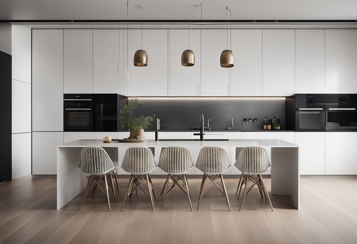A sleek, modern arch spans the open kitchen, seamlessly blending functionality and aesthetics. Clean lines and a minimalist design create a sophisticated and inviting space