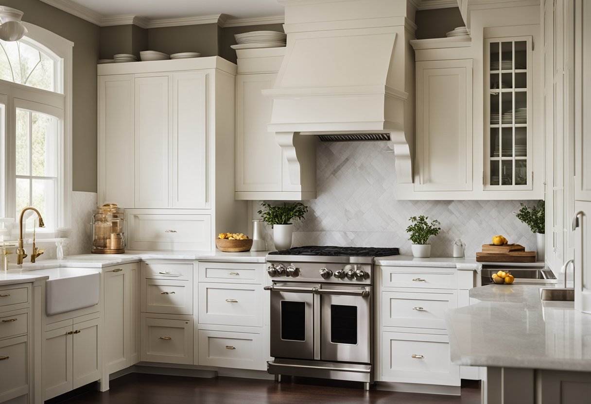 A classic kitchen with white cabinets, marble countertops, and a farmhouse sink. A large window lets in natural light, and a vintage stove sits against the wall