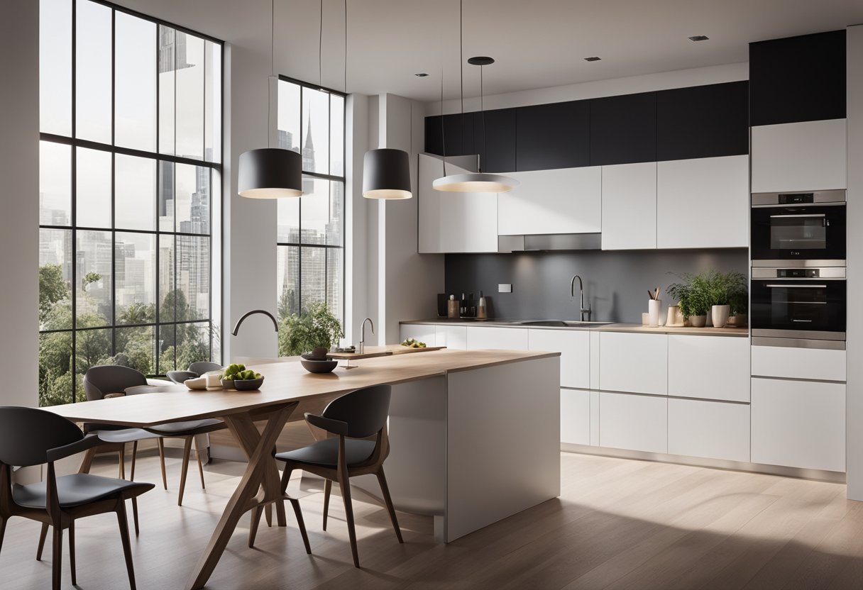 A modern, sleek arch design frames an open kitchen, with clean lines and a spacious layout. Light pours in from large windows, highlighting the minimalist yet functional space