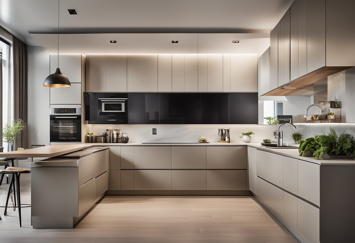 A modern kitchen with sleek, handle-less cabinets in a neutral color palette, featuring integrated appliances and ample storage space