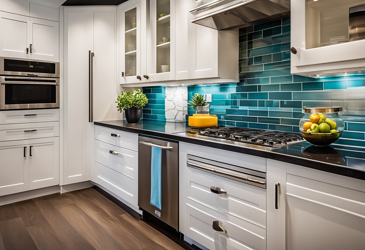 A vibrant 5x7 kitchen with colorful backsplash, sleek appliances, and unique cabinet hardware, creating a lively and personalized space