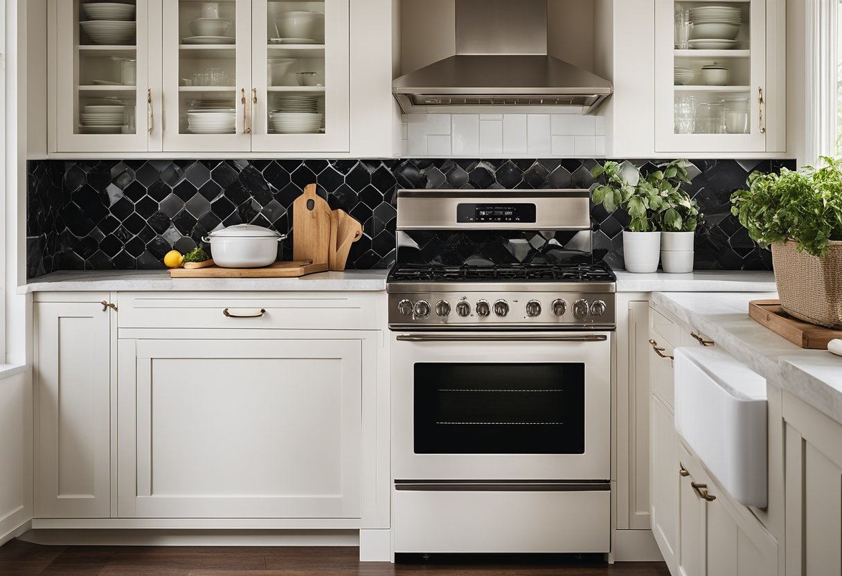 A spacious kitchen with white cabinets, marble countertops, and a large farmhouse sink. A vintage range oven sits against a tiled backsplash, while a large window lets in natural light