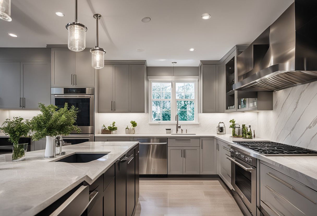 A sleek, minimalist kitchen with clean lines and neutral color scheme. Stainless steel appliances and marble countertops create a modern, sophisticated look