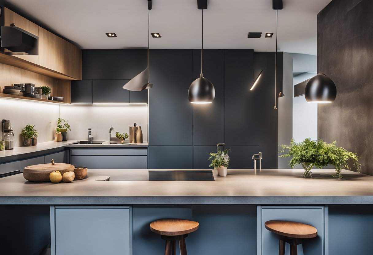 A modern kitchen with sleek concrete countertops, minimalist cabinetry, and industrial pendant lighting