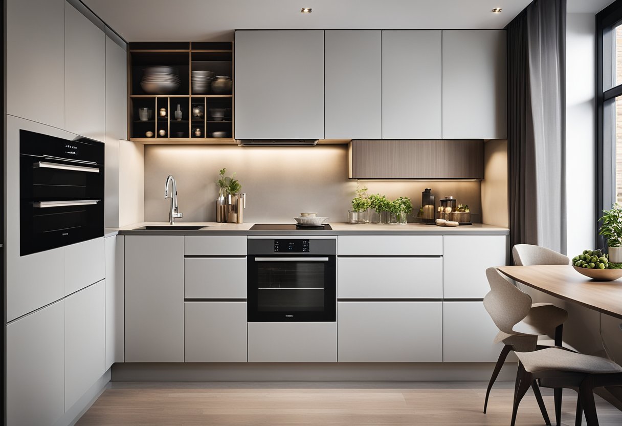 A modern kitchen with sleek, handle-less cabinets, integrated appliances, and a functional layout for efficient cooking and storage