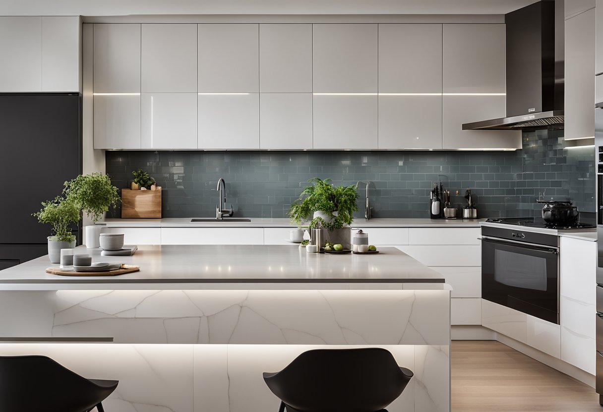 A 10x10 kitchen with sleek, modern cabinets, a minimalist color palette, and integrated appliances. The countertops are made of luxurious, durable material, and the lighting is strategically placed to highlight the design elements