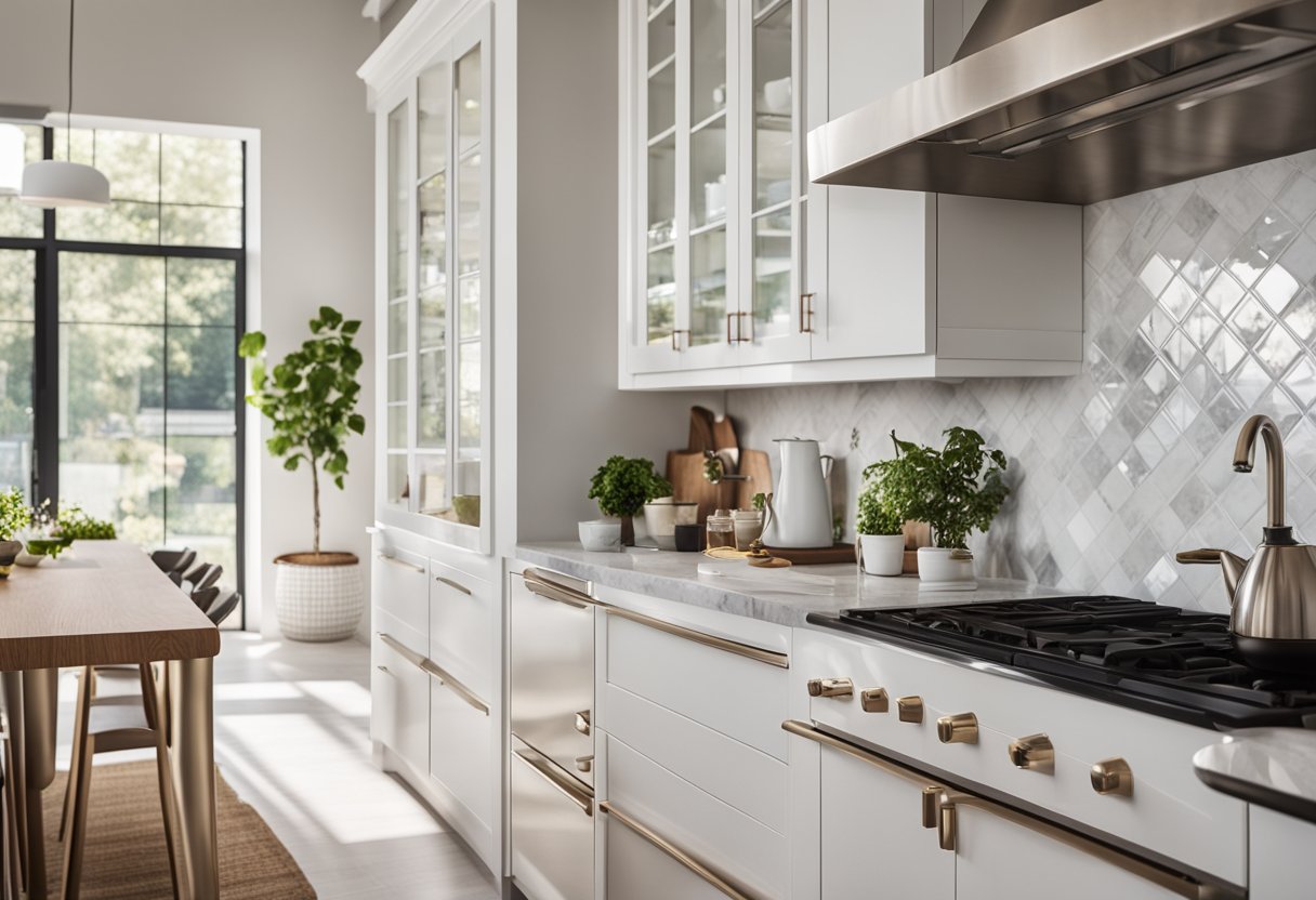 A modern, 5x7 kitchen with sleek, white cabinets, stainless steel appliances, and a marble countertop. A large window lets in natural light, and a cozy breakfast nook sits in the corner