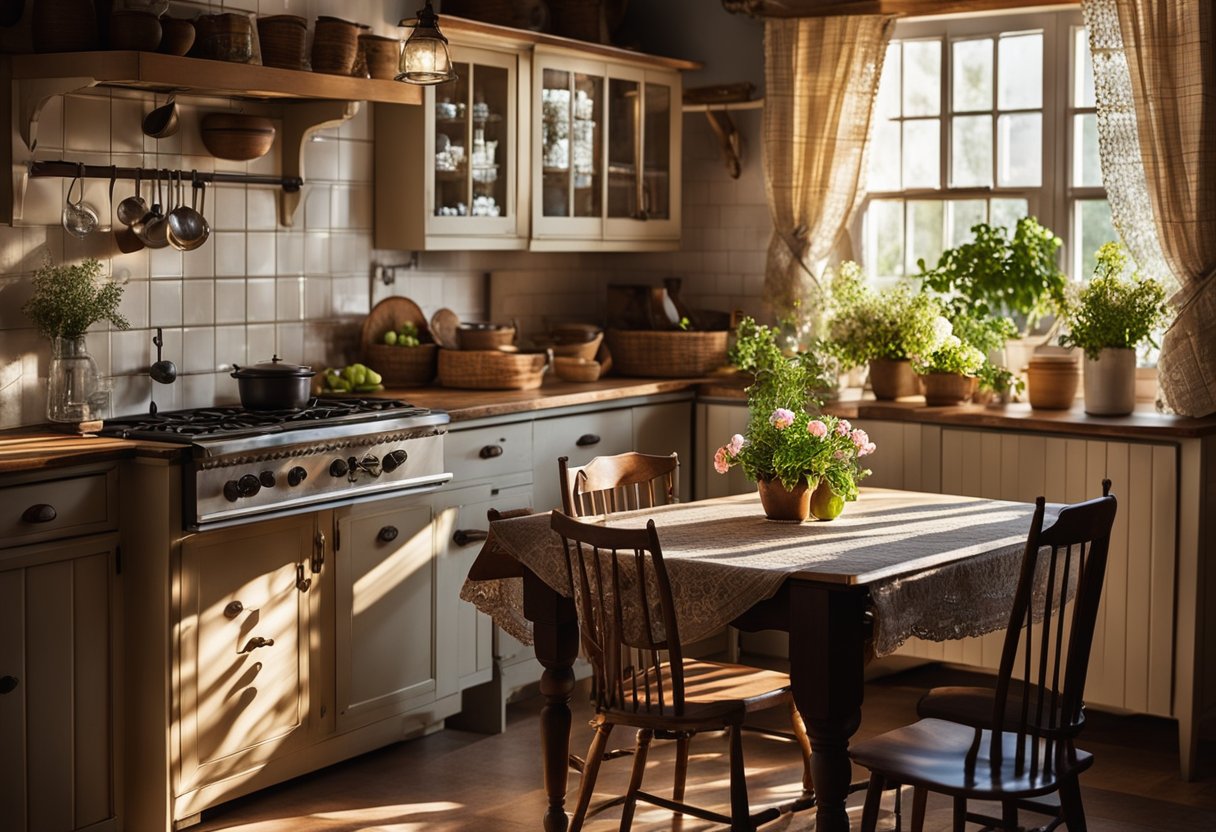 A cozy country kitchen with rustic wooden cabinets, a farmhouse sink, and a vintage stove. Sunlight streams in through lace curtains, highlighting a table set with fresh flowers and a checkered tablecloth