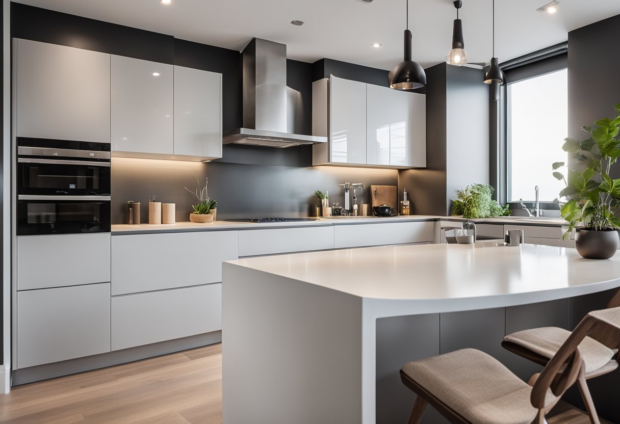 A modern kitchen with sleek countertops, ample storage, and efficient layout. Bright lighting and minimalistic decor create a spacious and functional 10x10 design