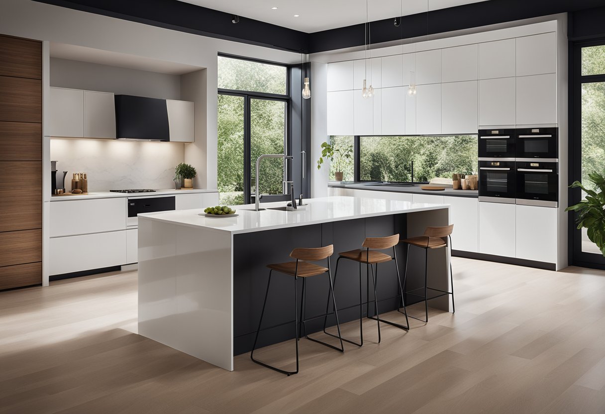 A sleek, minimalist kitchen with clean lines, integrated appliances, and ample storage. A large island with a built-in sink and seating. Natural light floods the space, highlighting the modern finishes and fixtures