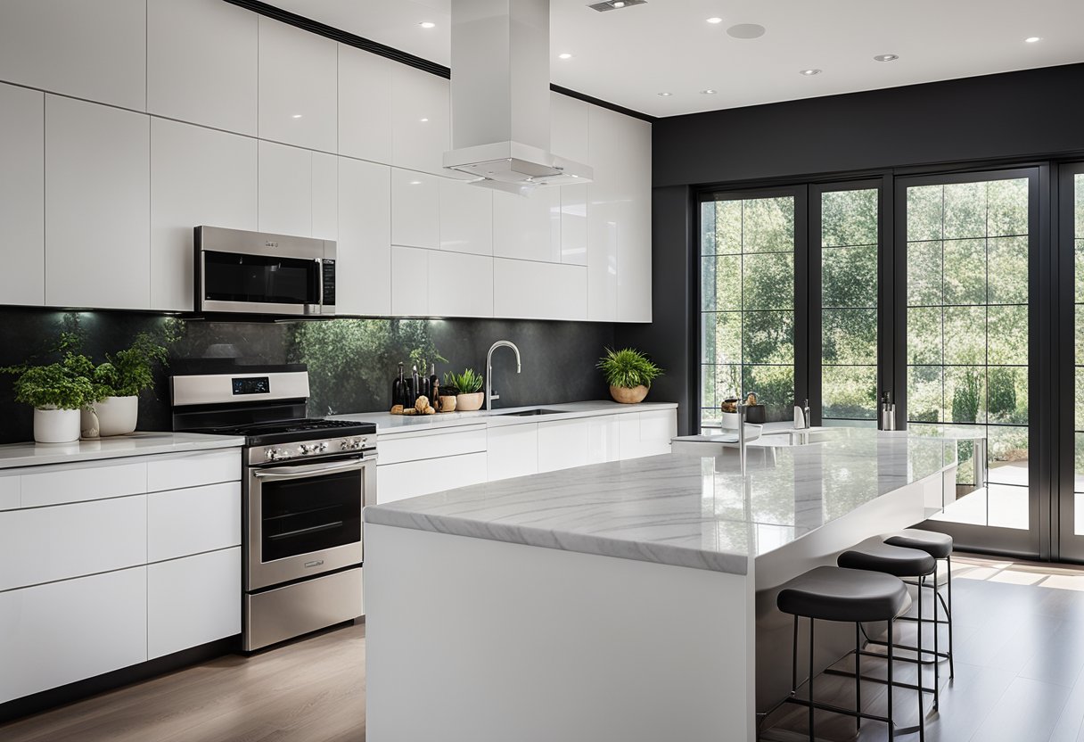A modern kitchen with sleek, white cabinets and marble countertops. A large window lets in natural light, illuminating the stainless steel appliances and minimalist design