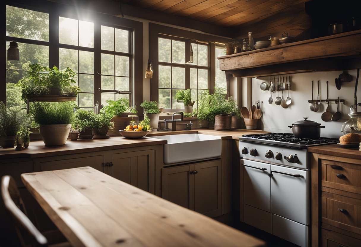 A cozy country kitchen with rustic wooden cabinets, a farmhouse sink, and a large window overlooking a lush garden. A vintage stove sits in the corner, while a wooden table is set for a family meal