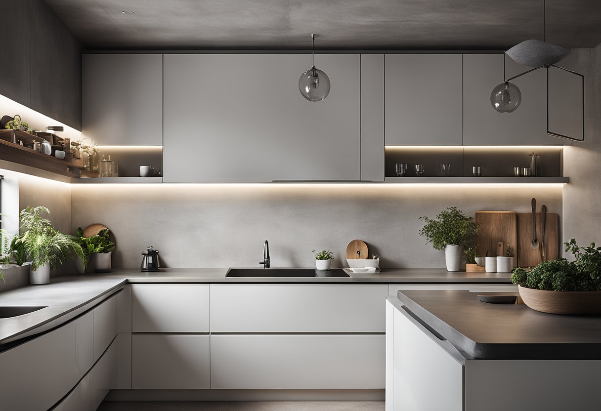 A sleek concrete kitchen with modern styling and minimalist accessories. Clean lines and neutral tones create a contemporary and stylish space